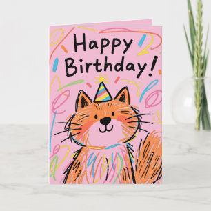 Pink Happy Birthday Scribble Cat Card