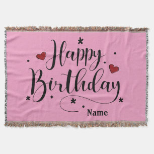 Pink Happy Birthday Simple Minimalist Calligraphy Throw Blanket