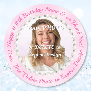 Pink, Happy Birthday Sticker with Name and Photo