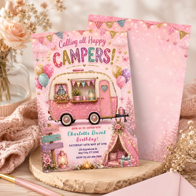 Pink Happy Camper Birthday Invitation (Creator Uploaded)