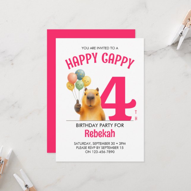 Pink HAPPY CAPPY Custom Capybara 4th Birthday Invitation (Front/Back In Situ)