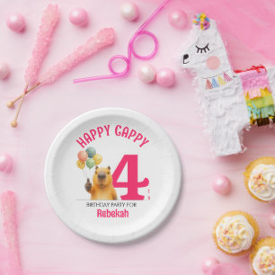 Pink HAPPY CAPPY Custom Capybara 4th Birthday Paper Plate