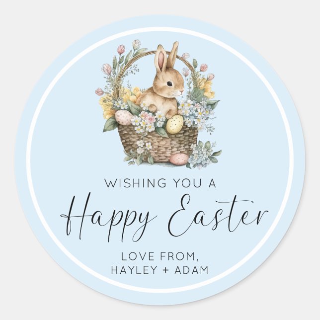 Pink Happy Easter Bunny Classic Round Sticker (Easter Bunny Sticker )