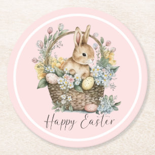 Pink Happy Easter Bunny Round Paper Coaster