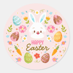 Pink Happy Easter BunnySpring Floral Classic Round Sticker