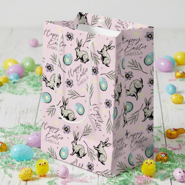 Pink Happy Easter Name Bunny Medium Gift Bag (Cute Happy Easter Pastel Pink Gift Bags for Kids Egg Hunt with Name. Bunny Rabbit, Eggs & Flowers)