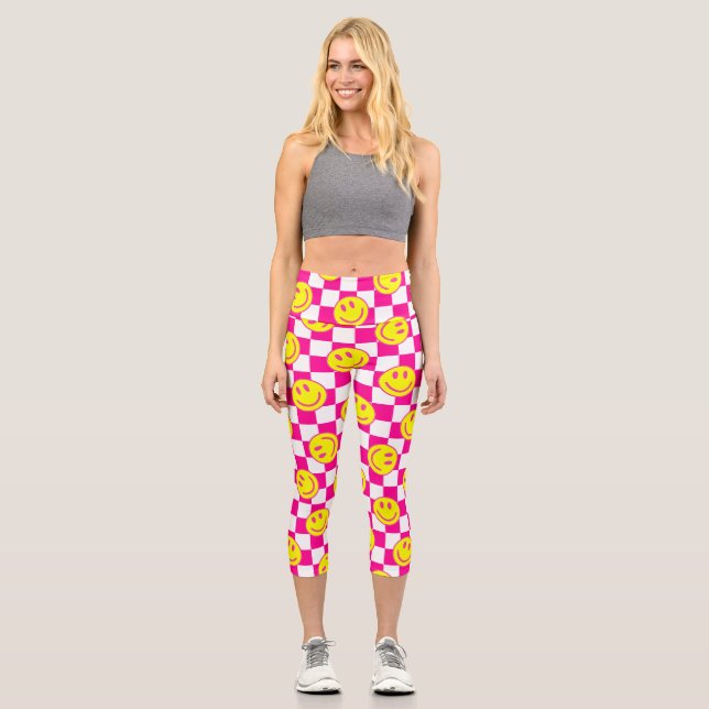 pink happy face check groovy capri leggings (Front)