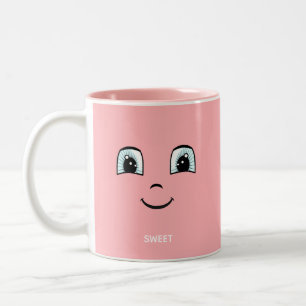 Pink Happy Face with Personalized Text & Monogram Two-Tone Coffee Mug