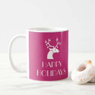 Pink HAPPY HOLIDAYS Christmas Reindeer Name Coffee Mug