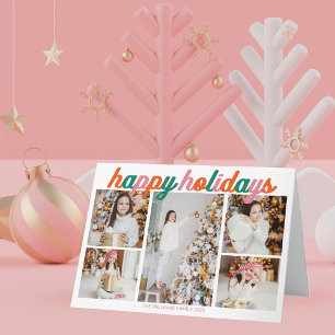 Pink Happy Holidays Cute Photo Collage Folded Holiday Card