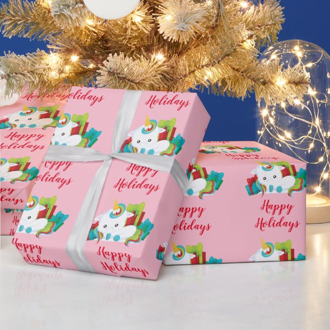Pink Happy Holidays Unicorn Wrapping Paper (Holidays)
