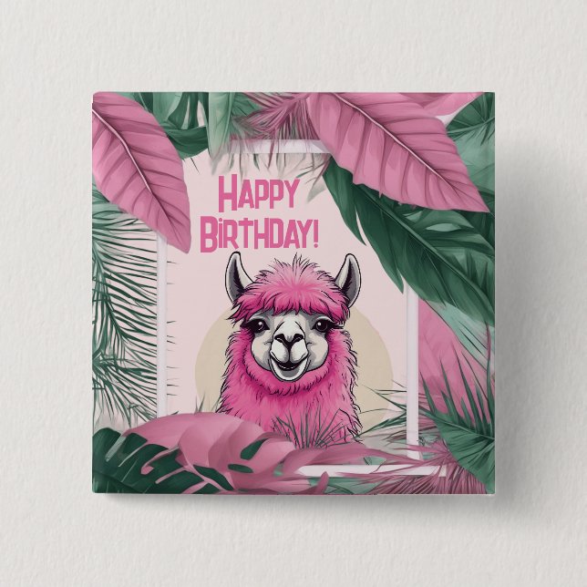 Pink Happy Smiling Lama 2 Inch Square Button (Front)