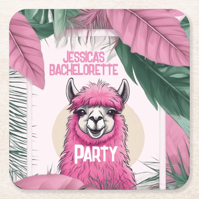 Pink Happy Smiling Lama Bachelorette Square Paper Coaster (Front)