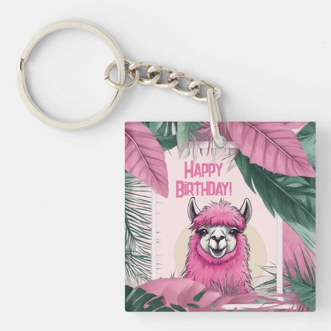 Pink Happy Smiling Lama Keychain (Front)