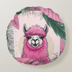Pink Happy Smiling Lama Round Pillow