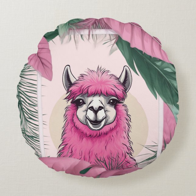 Pink Happy Smiling Lama Round Pillow (Front)