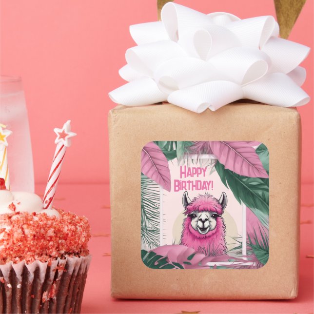 Pink Happy Smiling Lama Square Sticker (Party)