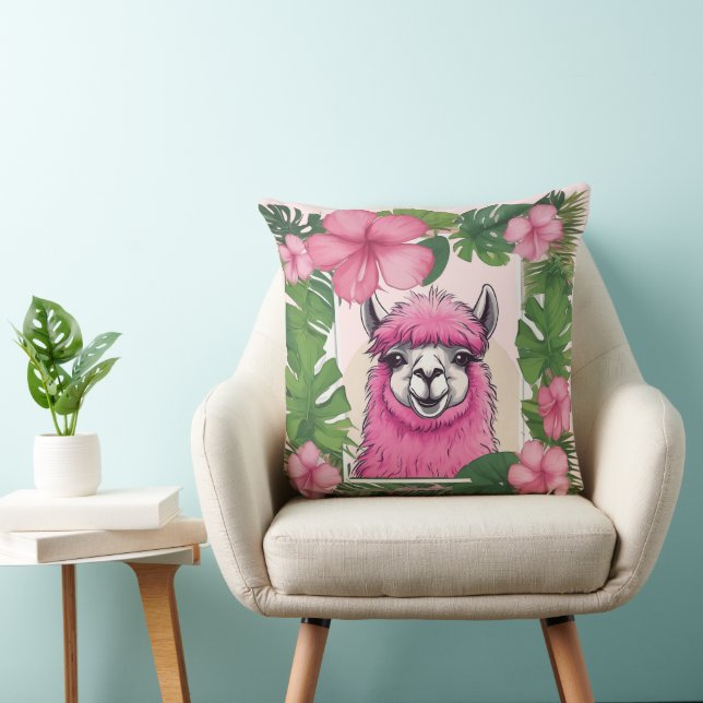 Pink Happy Smiling Lama Throw Pillow (Chair)