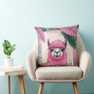 Pink Happy Smiling Lama Throw Pillow