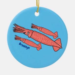 Pink happy squid cartoon illustration ceramic ornament