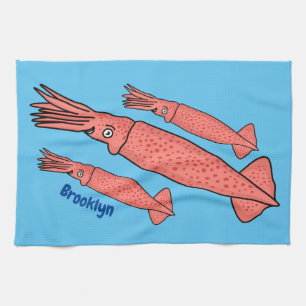 Pink happy squid cartoon illustration kitchen towel