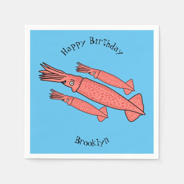 Pink happy squid cartoon illustration napkin (Front)