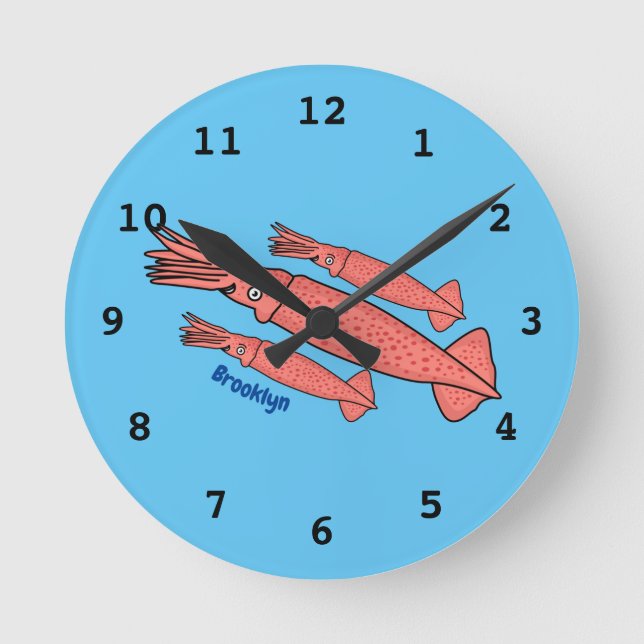 Pink happy squid cartoon illustration round clock (Front)