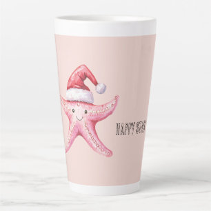 Pink Happy Starfish Santa Hat Latte Mug