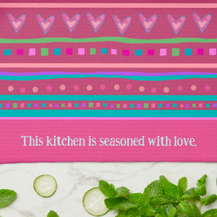 Pink Happy Trendy Stripe Hearts Custom Stylish Kitchen Towel