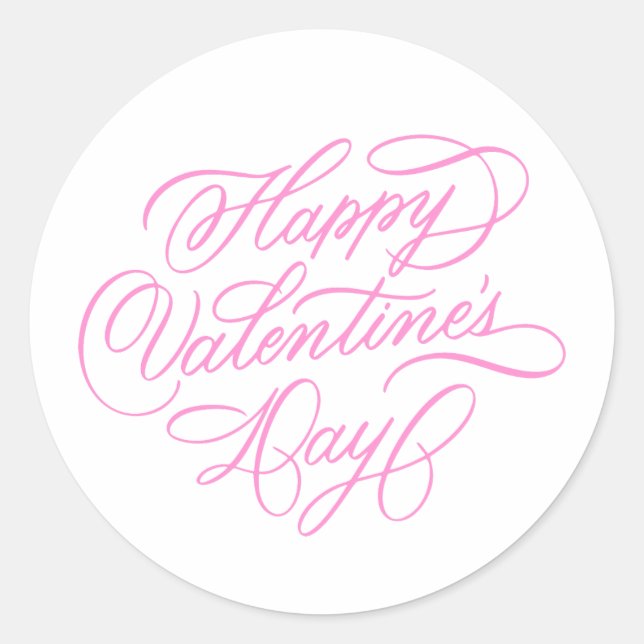 Pink Happy Valentines Day Calligraphy Classic Round Sticker (Front)
