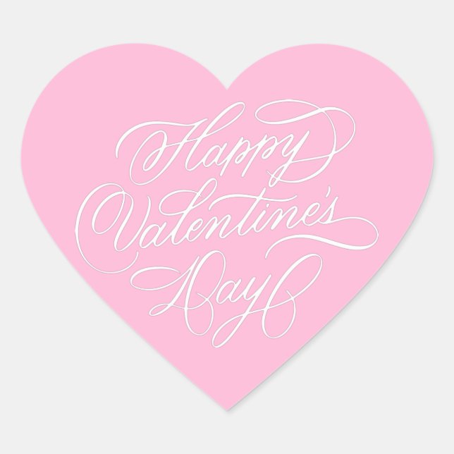 Pink Happy Valentines Day Calligraphy  Heart Sticker (Front)
