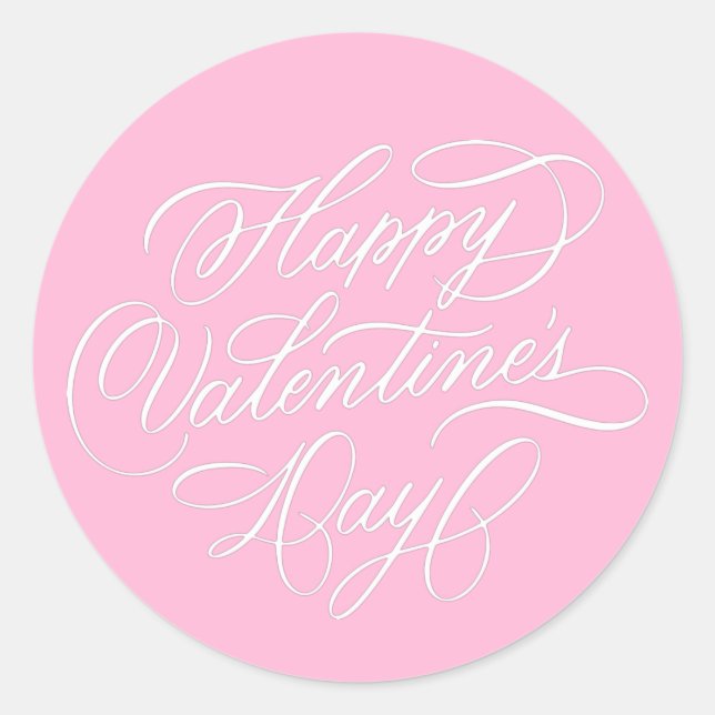 Pink Happy Valentines Day Elegant Calligraphy  Classic Round Sticker (Front)