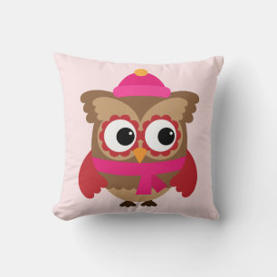 Pink Hat Owl with Pink Scarf Pillow