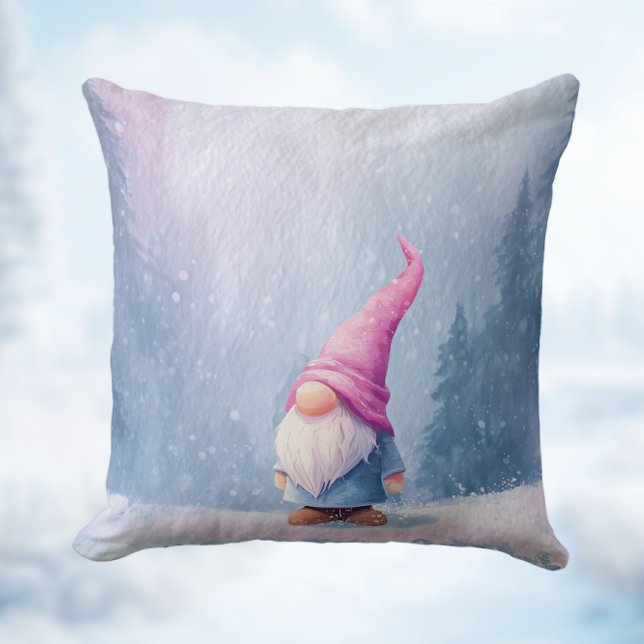 Pink Hat Winter Gnome Throw Pillow (Creator Uploaded)