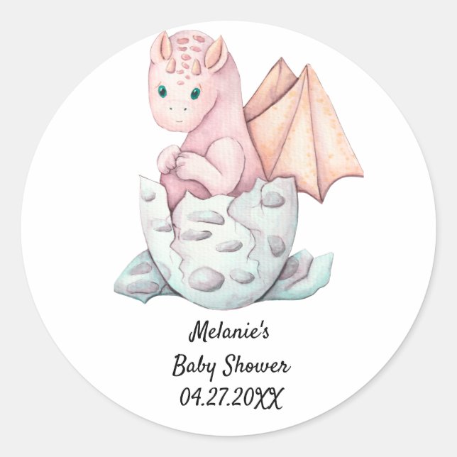 Pink Hatching Dragon Baby Shower Classic Round Sticker (Front)