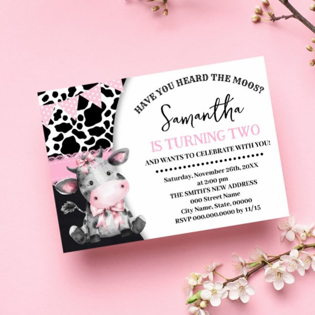 Pink Have You Heard the Moos 2nd Birthday Cow Invitation (Creator Uploaded)