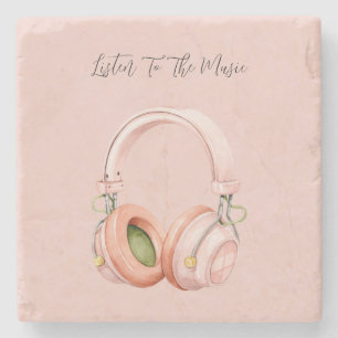 Pink Headphones Listen To The Music Stone Coaster
