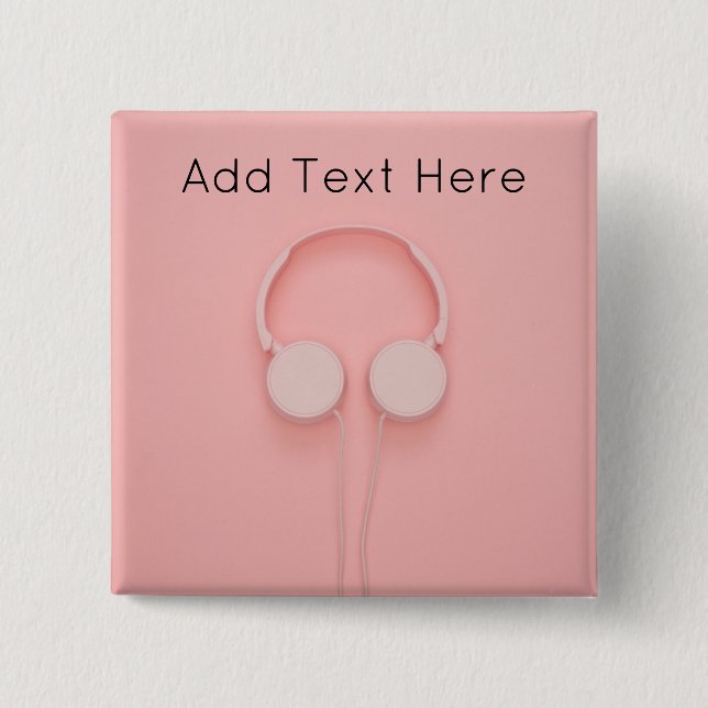 Pink Headphones with Wires 2 Inch Square Button (Front)
