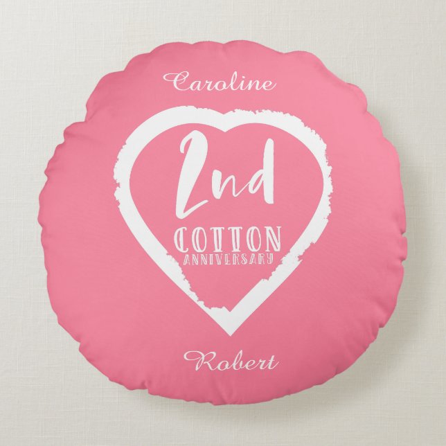 Pink Heart 2nd Cotton Wedding Anniversary Round Pillow (Front)