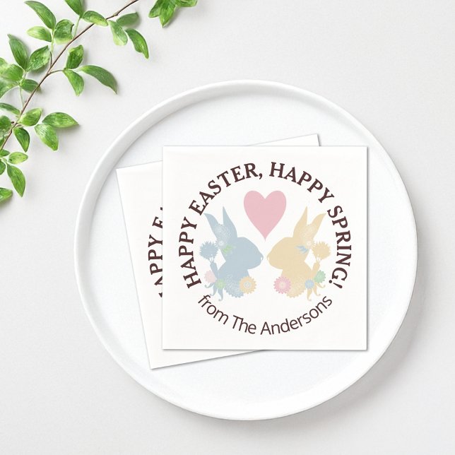 Pink Heart and Colourful Pastel Easter Bunny Paper Napkin (Creator Uploaded)
