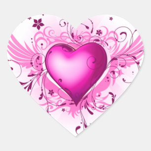 Pink Heart and Delicate Swirls and Flowers Heart Sticker