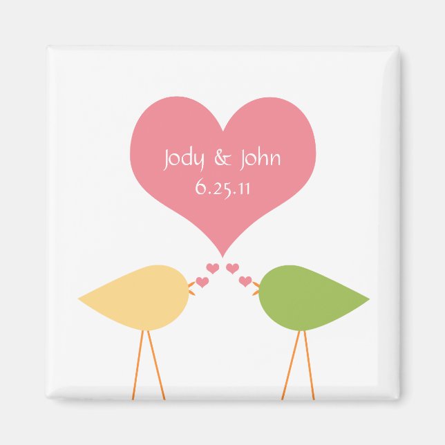 Pink Heart and Lovebirds Save The Date Magnet (Front)