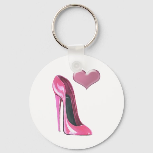 Pink Heart and Stiletto Shoe High Heel Art Keychain (Front)