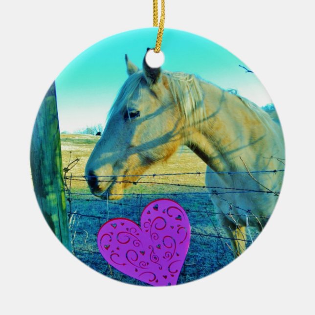 Pink Heart and Yellow Horse Ceramic Ornament (Front)