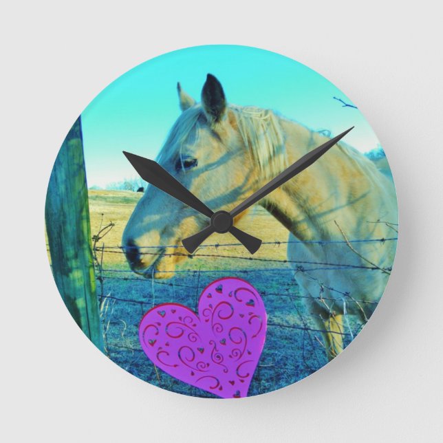 Pink Heart and Yellow Horse Round Clock (Front)
