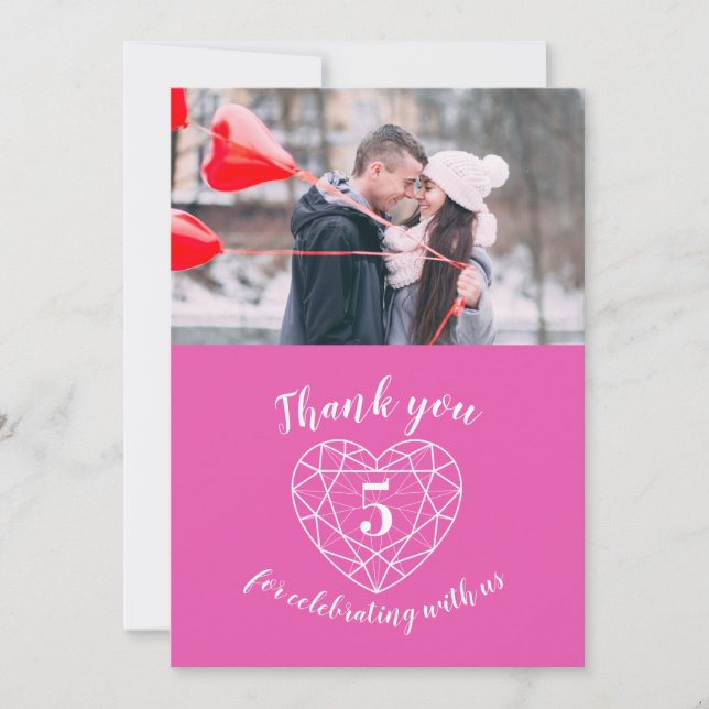Pink heart anniversary 5 years photo thank you card (Front)