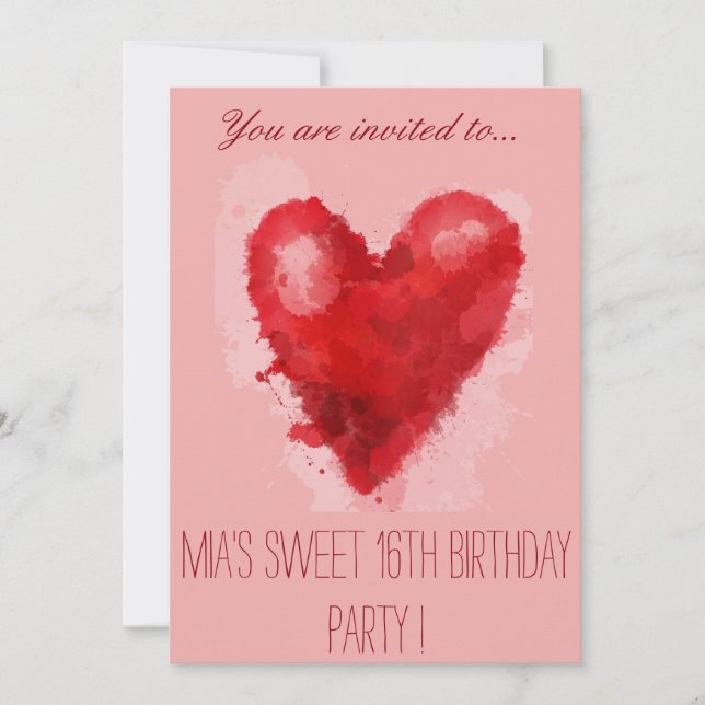 Pink Heart art sweet 16th birthday party Invitation (Front)