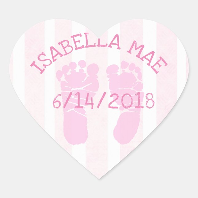 Pink Heart Baby Announcement Footprints Sticker (Front)