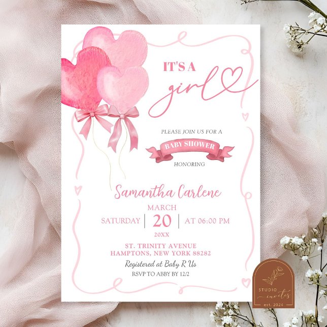 Pink Heart Balloon Baby Shower Invitation (Creator Uploaded)
