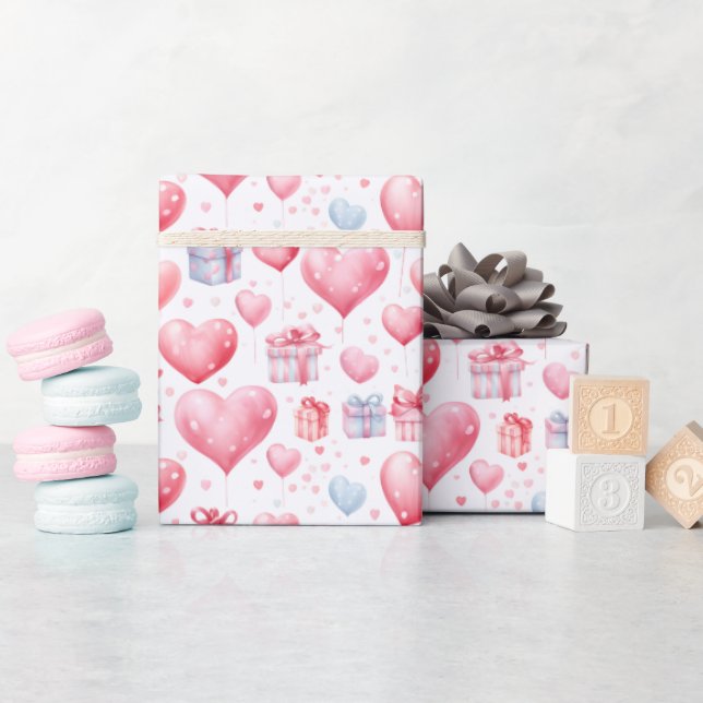 Pink Heart Balloons and Gift Boxes Watercolor Wrapping Paper (Baby Shower)